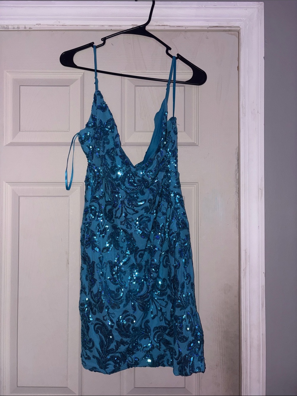 Blue Sequin Spaghetti Strap Dress
